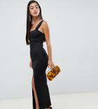 Asos Design Petite Square Neck Maxi Dress With Thigh Split - Black