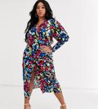 Never Fully Dressed Plus Wrap Front Tie Front Blouse In Neon Floral Print