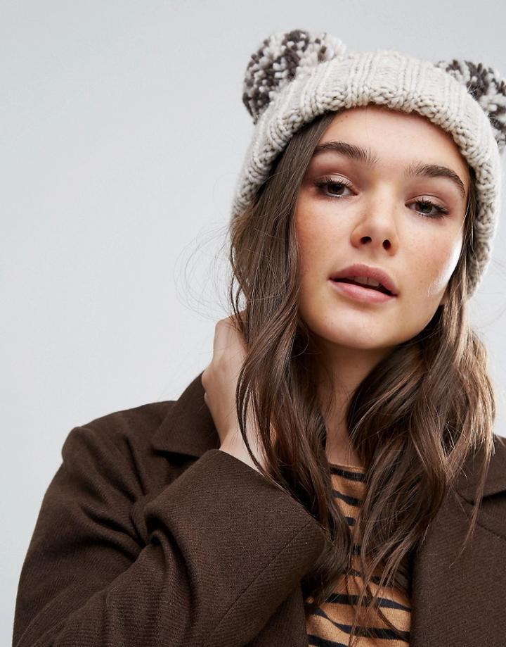 Helene Berman Chunky Knit Beanie Hat With Double Pom Pom - Beige