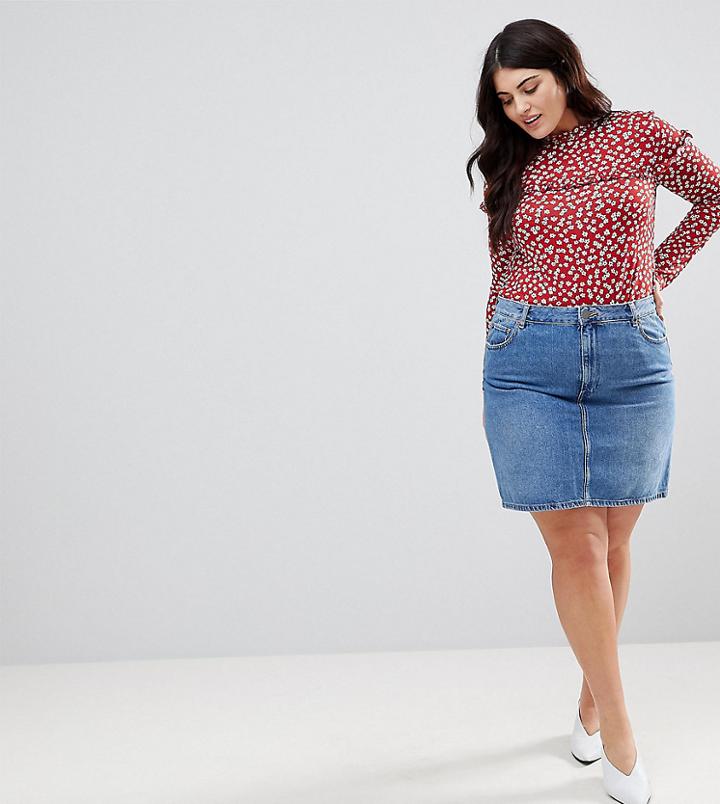 Asos Curve Denim Original High Waisted Skirt In Stonewash Blue - Blue