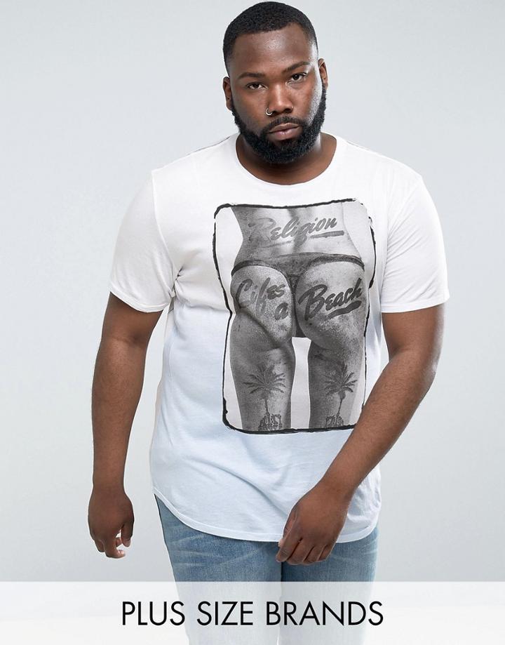 Religion Plus T-shirt With Lifes A Beach And Blue Fade - White