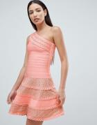 Forever Unique Structured One Shoulder Skater Dress With Lace Inserts - Pink