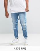 Asos Plus Skinny Jeans In Mid Wash Blue With Rips - Blue