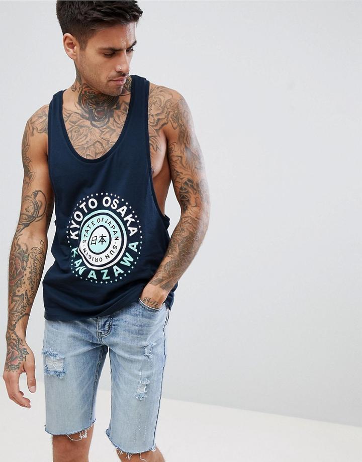 Asos Design Extreme Racer Back Tank With Japanese City Text - Navy