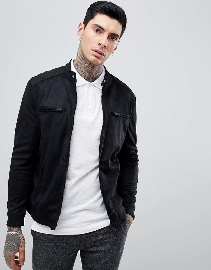 Process Black Black Faux Suede Bomber Jacket - Black