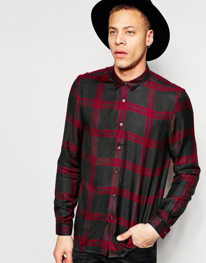 Asos Viscose Shirt In Burgundy And Grey Check In Regular Fit