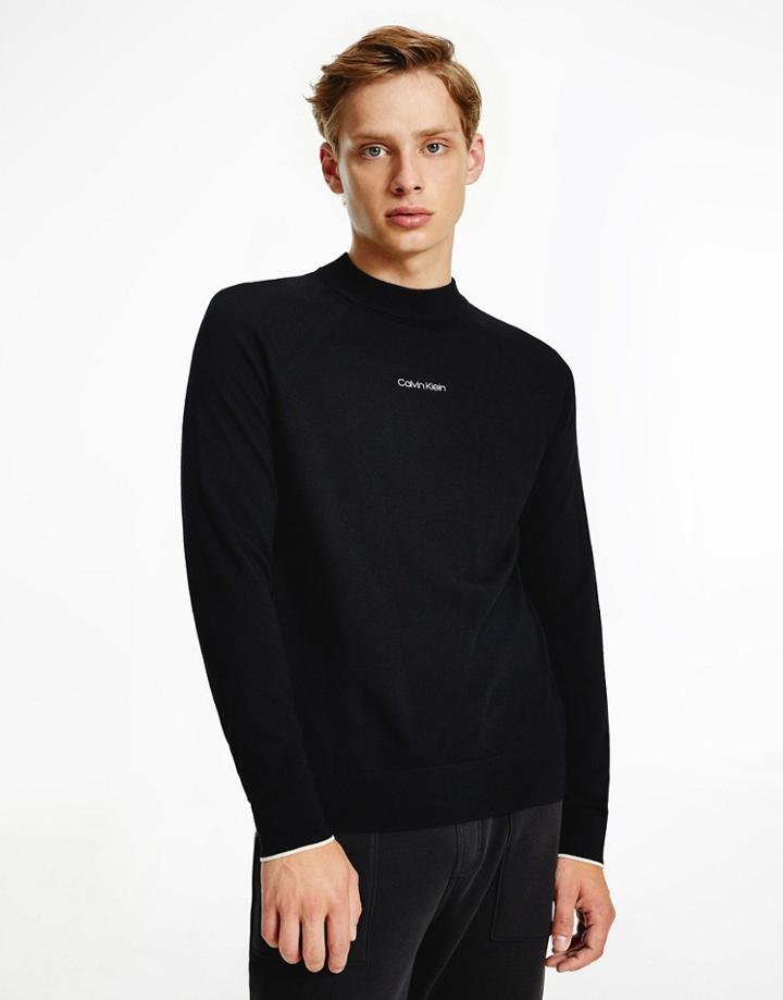 Calvin Klein Center Logo Mini Mock Neck Superior Wool Knit Sweater In Black
