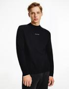 Calvin Klein Center Logo Mini Mock Neck Superior Wool Knit Sweater In Black