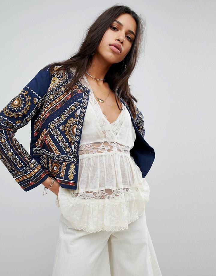 Raga Arwen Embroidered Velvet Trophy Jacket - Navy
