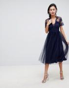 Asos Lace Top Midi Dress With Ruched Bodice - Navy