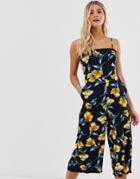 Qed London Culotte Jumpsuit With Tie Back Detail In Floral Print-navy
