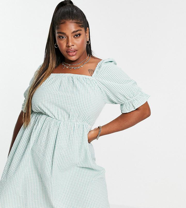Only Curve Mini Dress With Square Neck And Puff Sleeve In Green Gingham-white