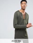 Asos Tall Longline Long Sleeve T-shirt With Lace-up Neck - Green