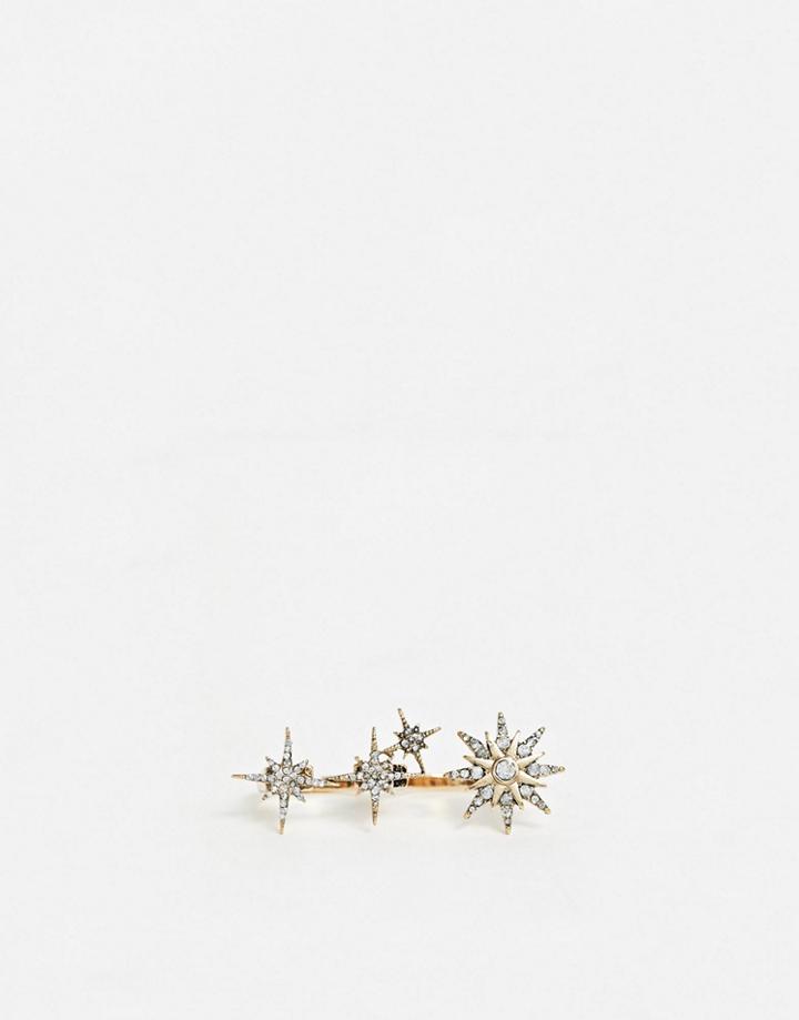 Asos Design Double Finger Ring In Crystal Star Design In Gold Tone