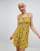 Prettylittlething Floral Square Neck Skater Dress - Yellow