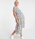 Influence Maternity Floral Midi Tea Dress With Shirred Sleeves-multi