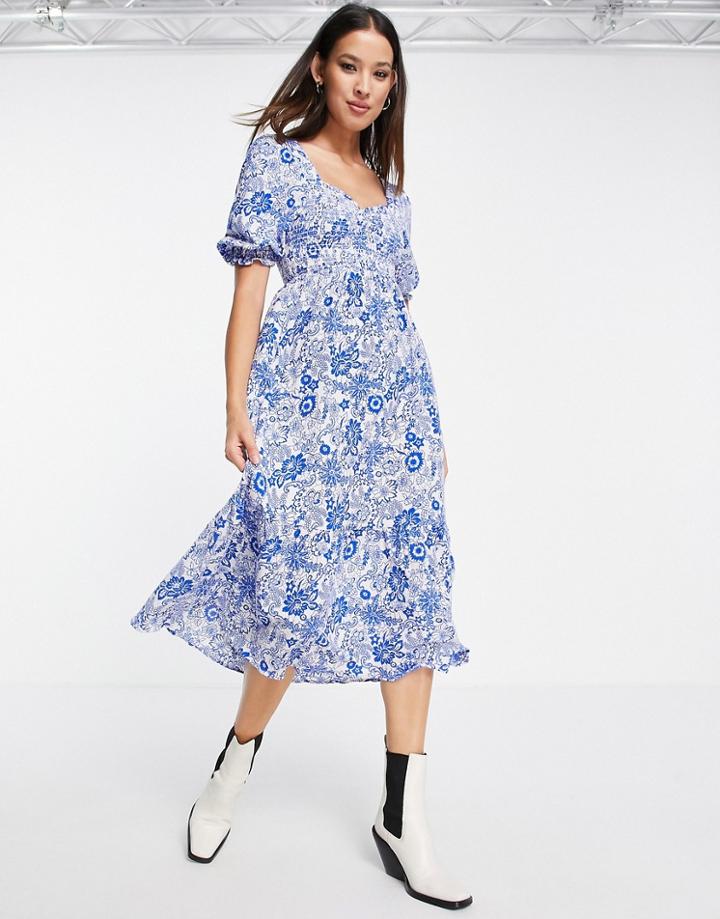 Topshop Tiered Shirring Midi Dress In Blue Floral-blues