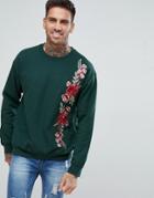 Boohooman Floral Embroidered Sweater In Green - Green