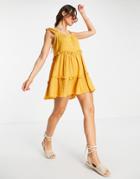 Asos Design Button Detail Trapeze Tiered Double Cloth Mini Sundress In Mustard-yellow