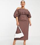 Asos Design Curve Off-the-shoulder Puff Detail Midi Dress In Taupe-neutral
