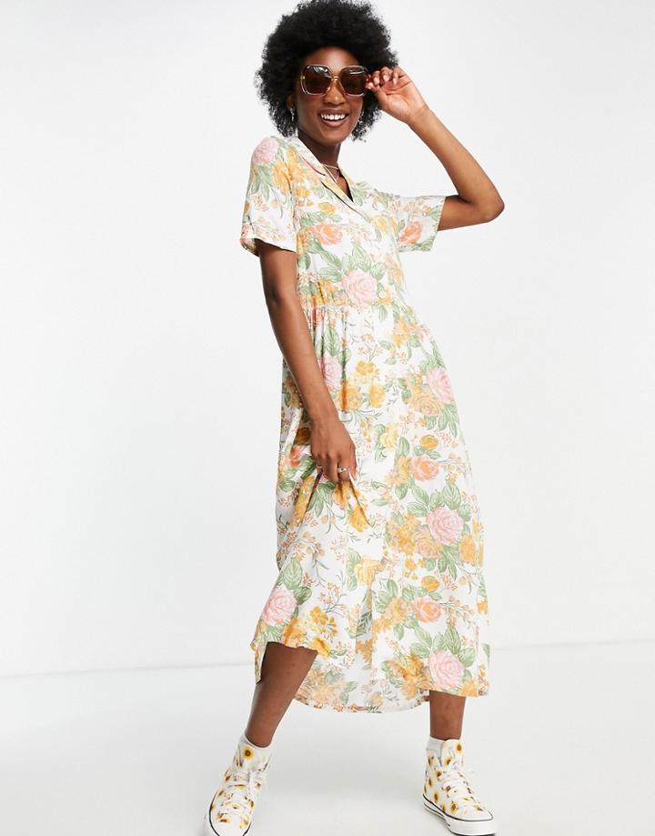 Monki Mattan Midi Shirt Dress In Rose Floral Print-multi