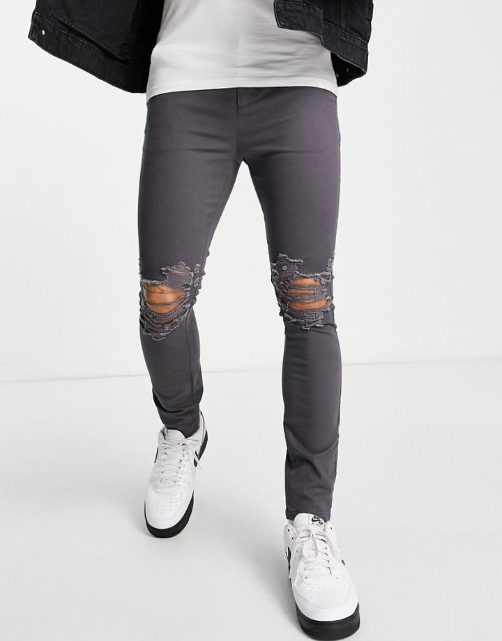 Asos Design Spray On Chinos With Rips In Charcoal-gray
