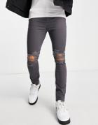 Asos Design Spray On Chinos With Rips In Charcoal-gray