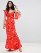 Hope & Ivy Asymmetric Ruffle Shoulder Detail Maxi Dress In Floral Print-multi