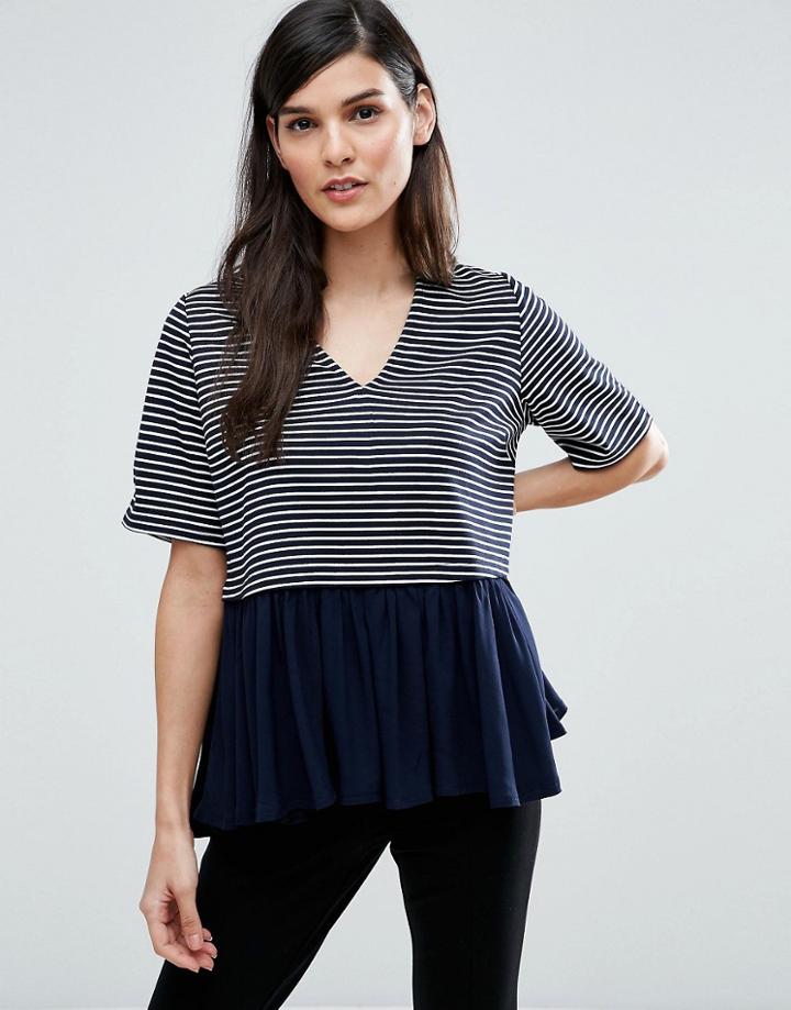 Asos Top With V Neck In Stripe With Ruffle Hem - Black