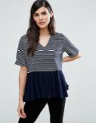 Asos Top With V Neck In Stripe With Ruffle Hem - Black