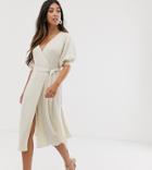 Asos Design Petite Wrap Dress In Rib Knit With Volume Sleeve - White