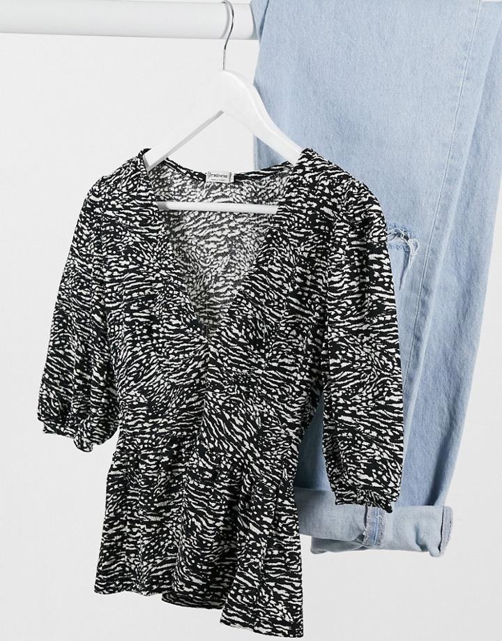 Stradivarius V-neck Top With Frill Detail In Black Animal Print-white