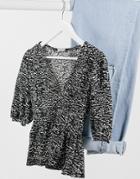 Stradivarius V-neck Top With Frill Detail In Black Animal Print-white