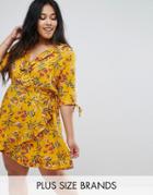 Influence Plus Wrap Dress With Tie Sleeve And Ruffle - Yellow