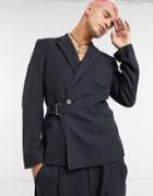 Asos Design Slim Crop Suit Jacket In Black Twill With Utility Strapping Detail-navy