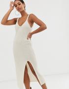 Asos Design Knitted Midi Dress With Split In Natural Look Yarn-cream