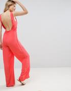 Asos Jumpsuit In Crinkle With Tie Waist And Open Back - Pink