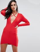 Missguided Red Tie Neck Plunge Long Sleeve Bodycon Dress - Red