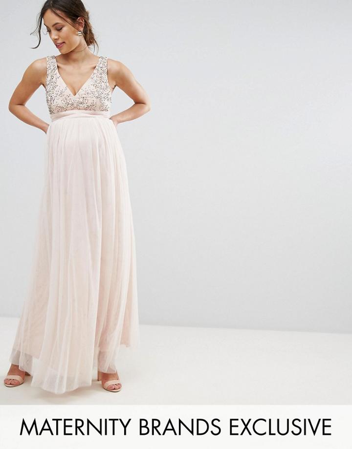 Little Mistress Maternity Plunge Front Embellished Maxi Dress - Pink