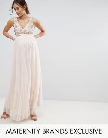 Little Mistress Maternity Plunge Front Embellished Maxi Dress - Pink