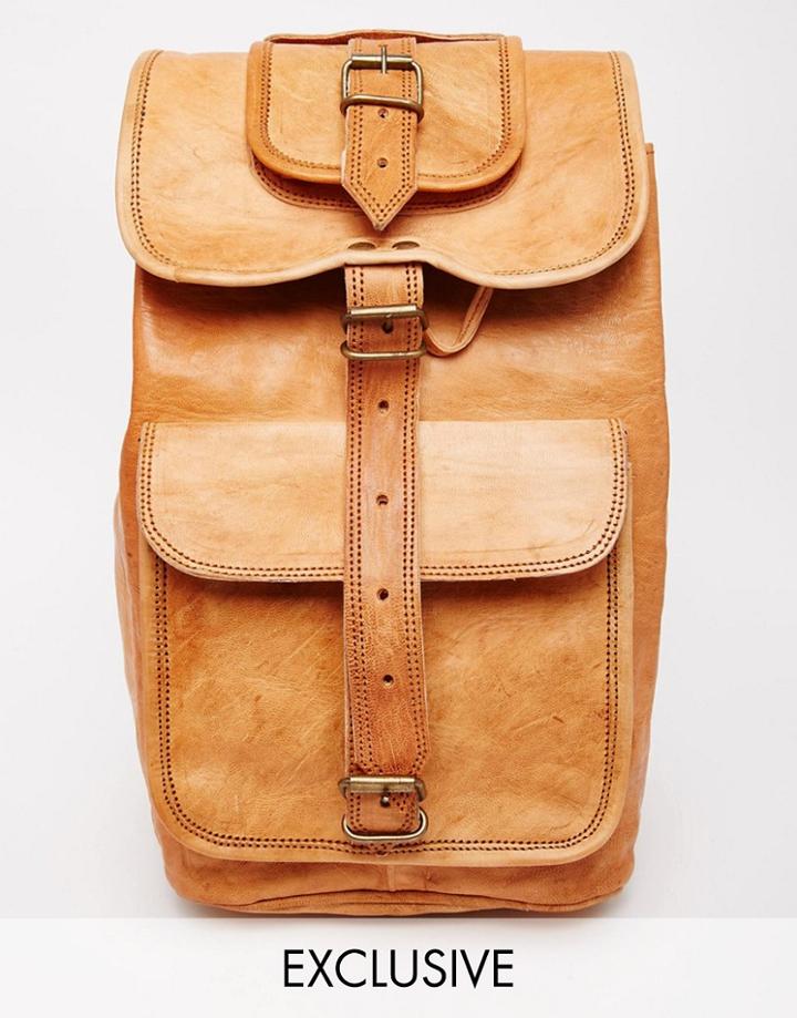 Reclaimed Vintage Leather Long Strap Backpack - Tan