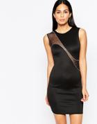City Goddess Mini Dress With Rhinestone Mesh Insert - Black