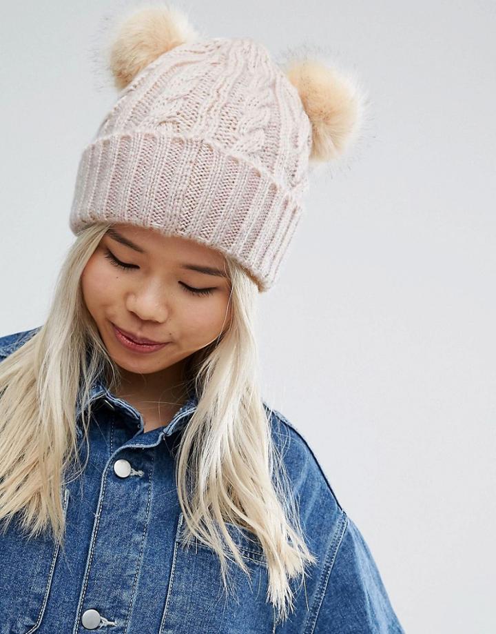 Asos Cable Faux Fur Double Pom Beanie - Gray