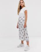 Asos Design Bias Cut Satin Midi Skirt With Splits In Silver Floral Print - Multi