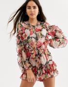 River Island Ruffled Romper In Pink Floral