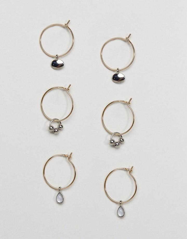 Asos Pack Of 3 Fine Charm Hoop Earrings - Multi