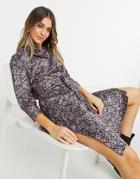 Jdy Satin Shirt Midi Dress With Side Slit In Dark Based Floral Print-black