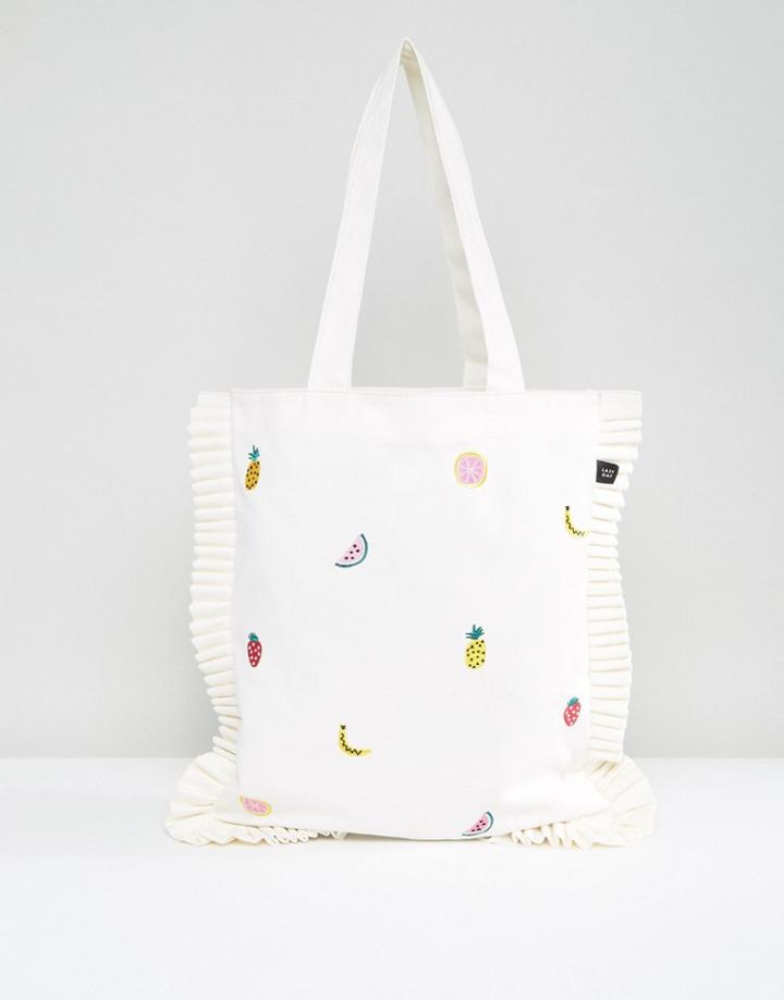 Lazy Oaf Fruit Embroidered Frill Edge Tote Bag - White