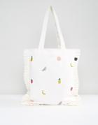 Lazy Oaf Fruit Embroidered Frill Edge Tote Bag - White