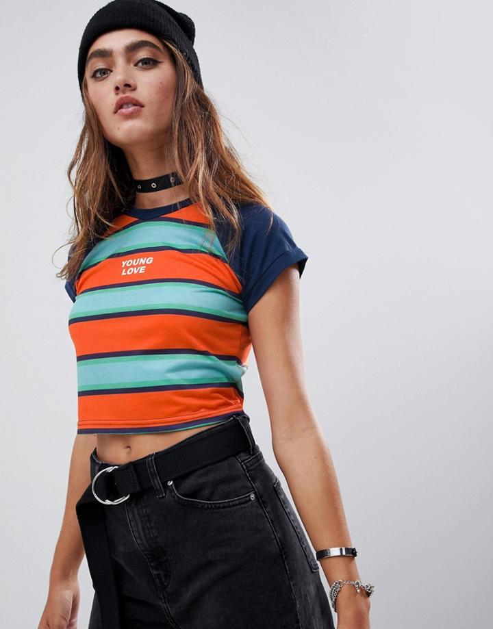 The Ragged Priest Striped T-shirt With Slogan - Blue